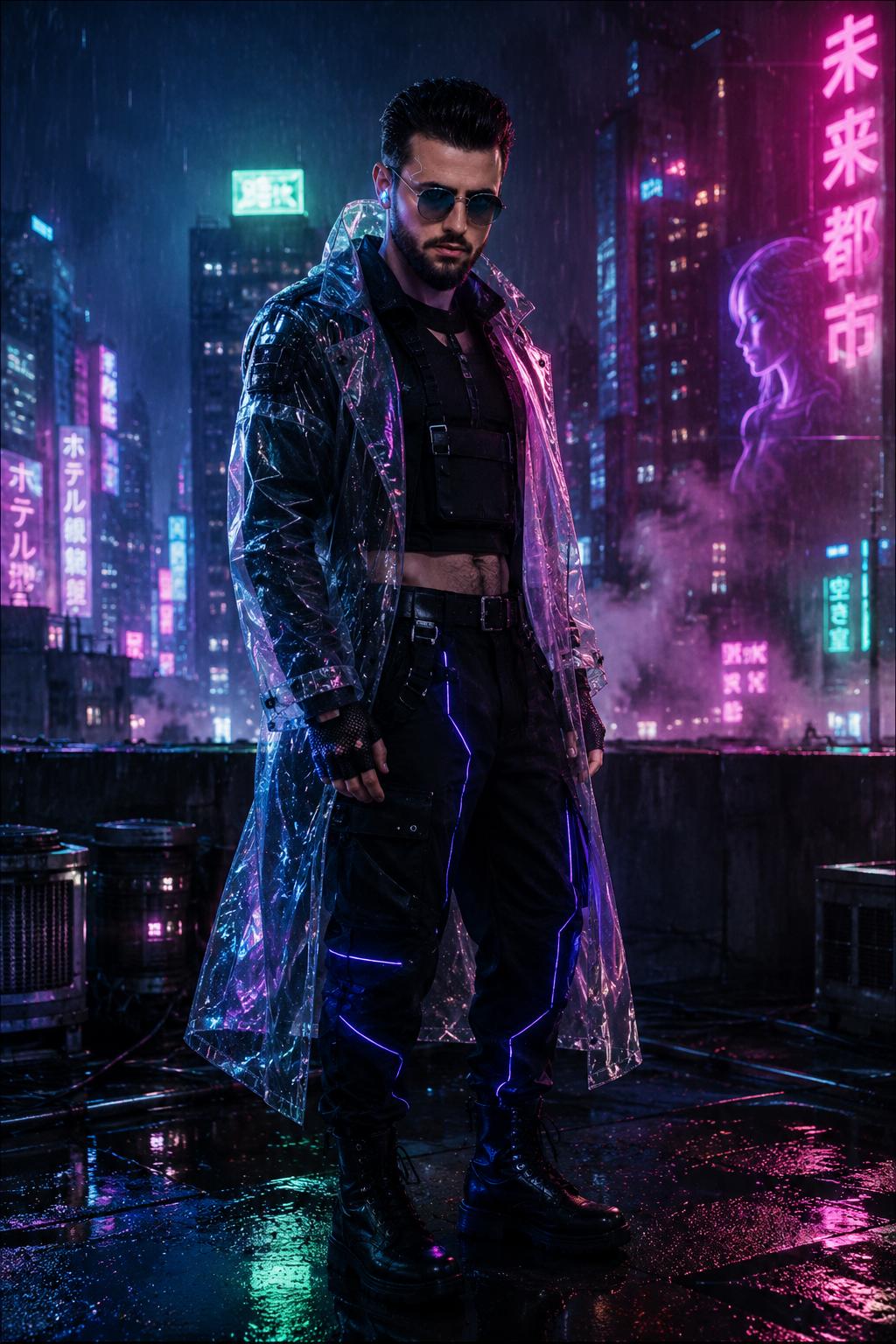 Cyberpunk Neon Rain Tokyo Rooftop